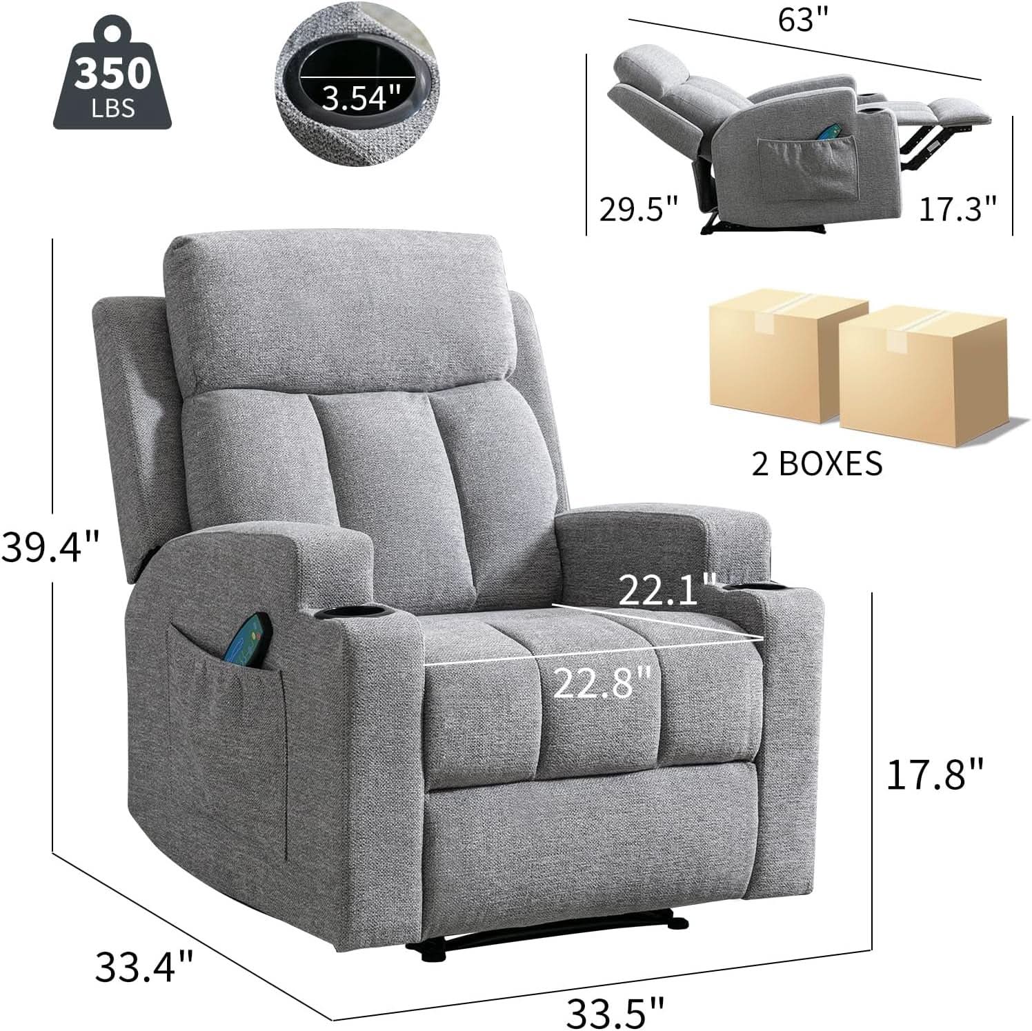 Light Grey Upholstered Manual Recliner With Massage