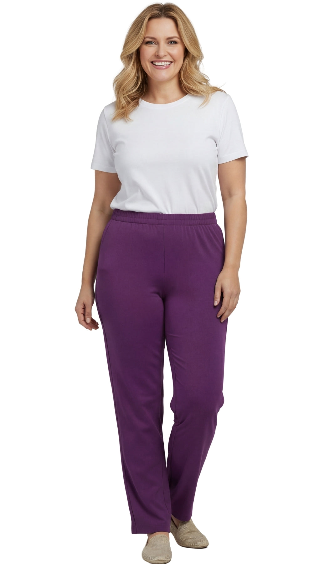 Women's Pull-On Flat Front Knit Pants — Cotton Blend Elastic Waist