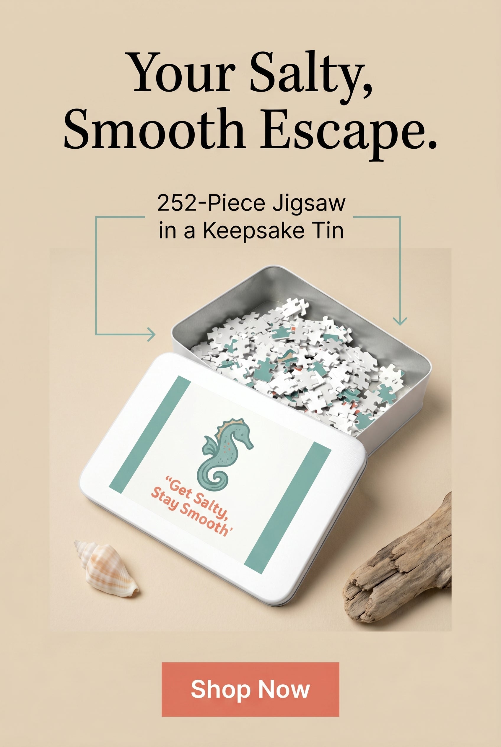 Seahorse Puzzle Tin – “Get Salty, Stay Smooth” 252-Piece Jigsaw Gift