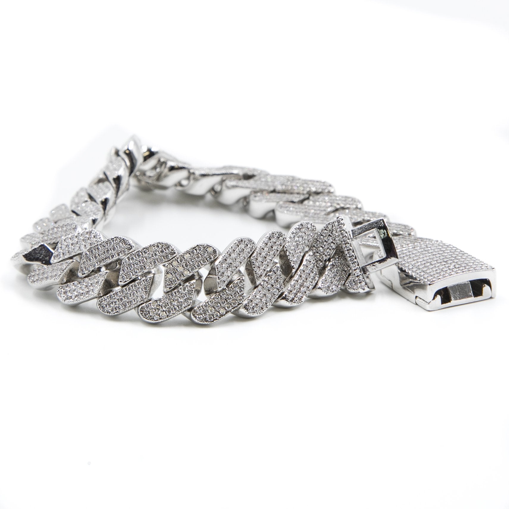Studded Prong Set Cuban Link Bracelet - Silver