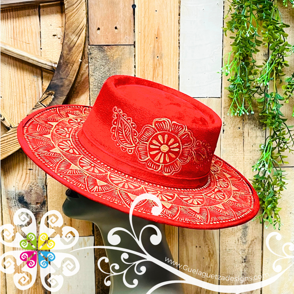 Red Oval Mitla Velvet Hat - Hand Painted Hat
