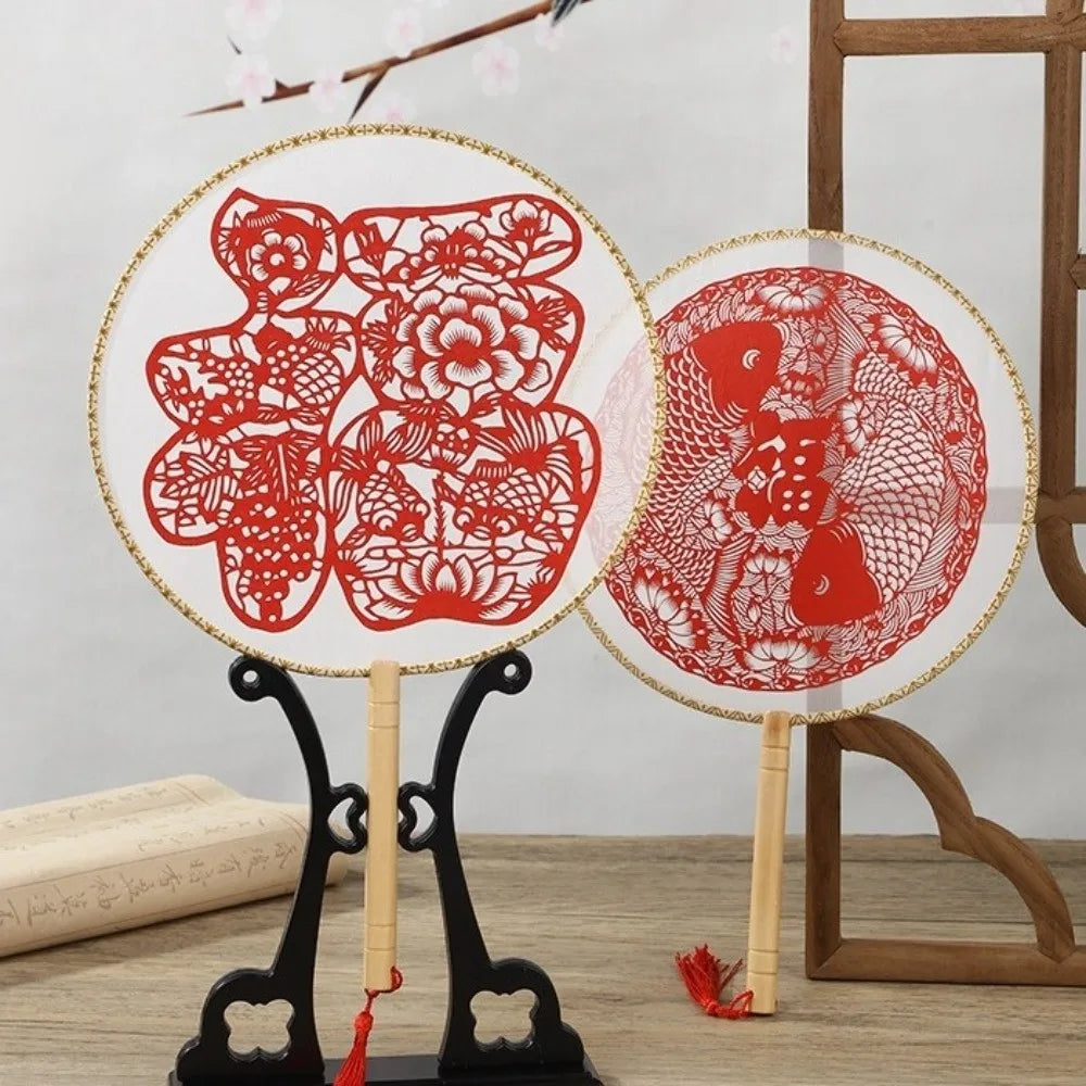 Chinese Paper-Cut Bamboo Silk Hand Fan with Tassel