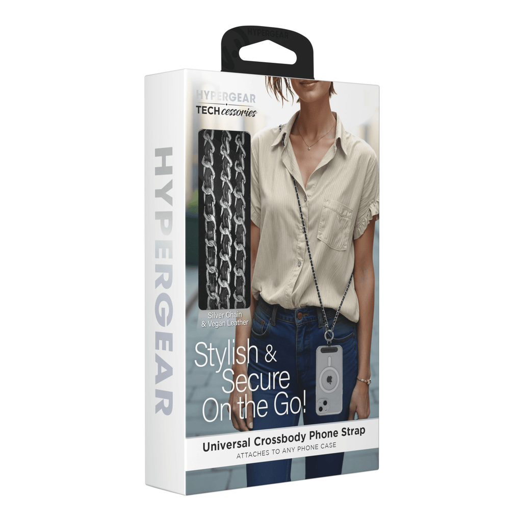 HyperGear TECHcessories Silver Chain with Black Vegan Leather Universal Crossbody Phone Strap