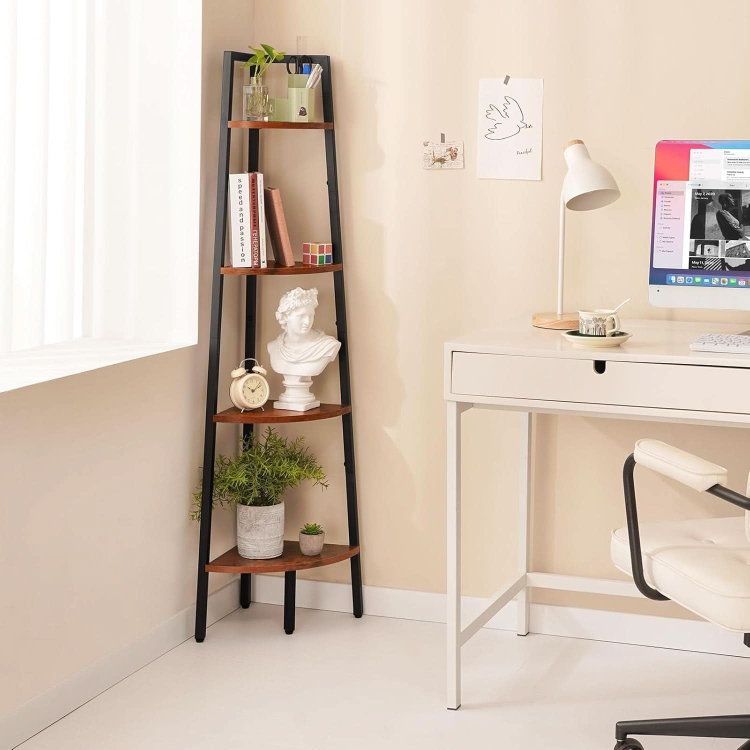 4 Tier Corner Bookshelf With Metal Frame Ladder Display
