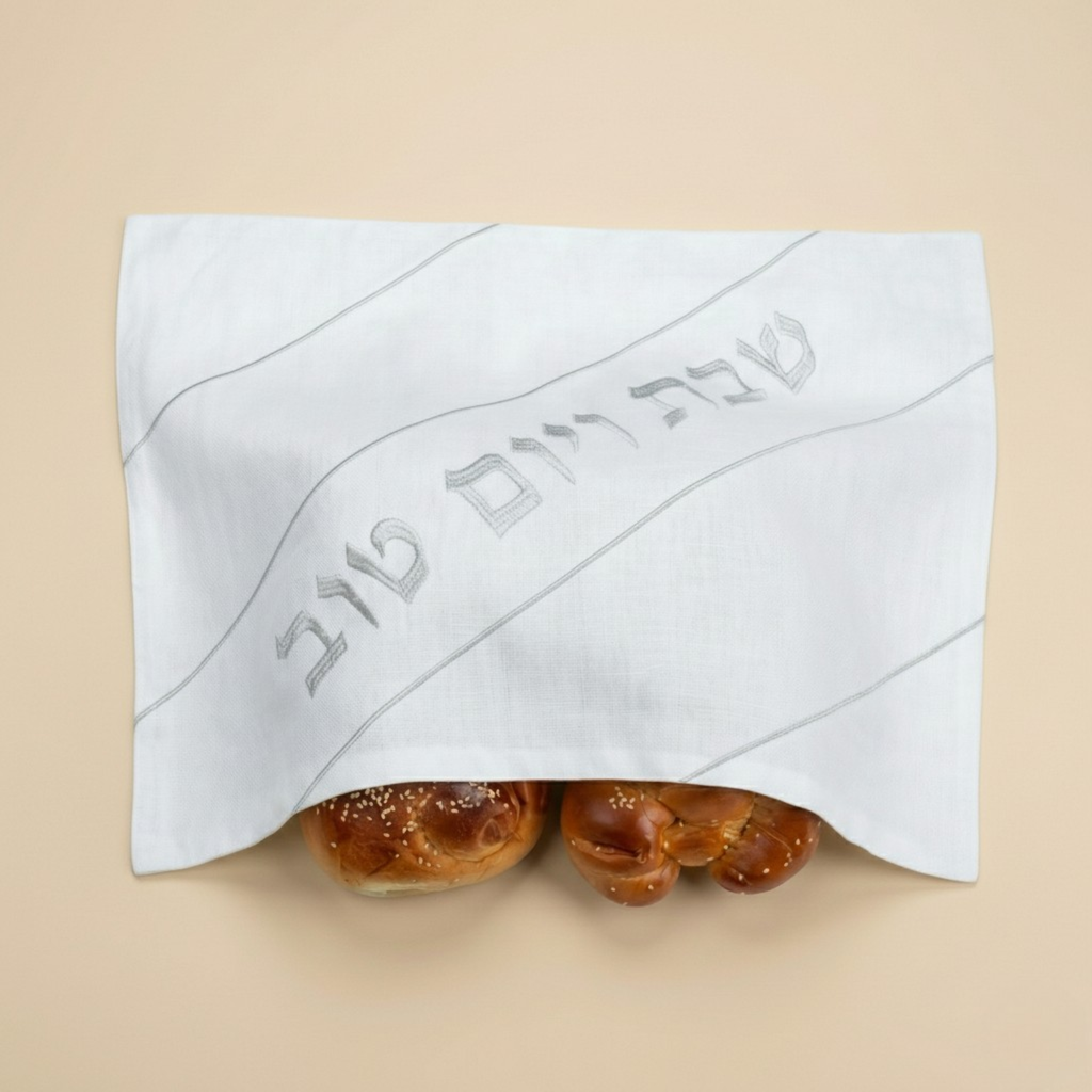 Elegant Linen Challah Cover with Silver Accent – Pure White Series
