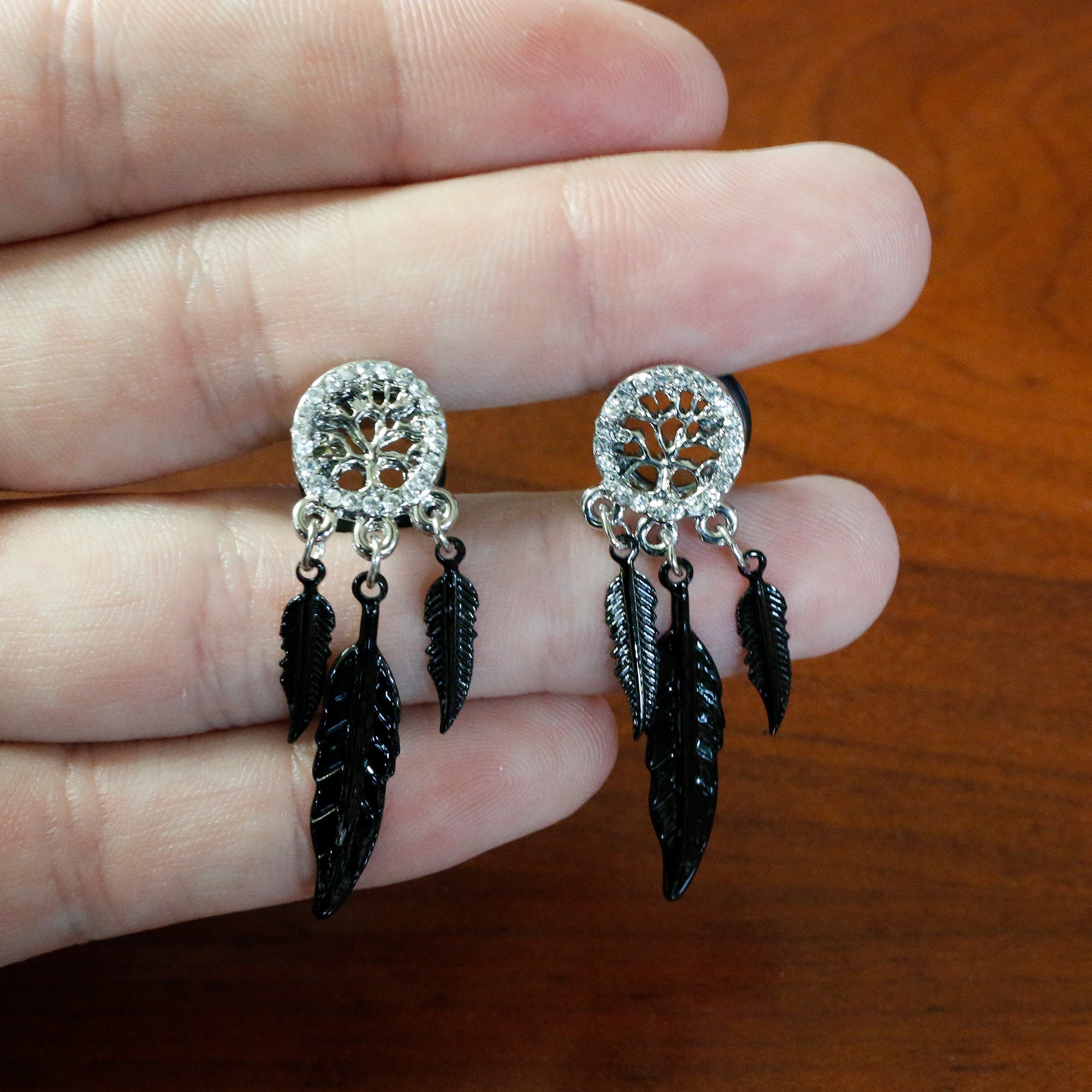 0G Clear Gem Steel Single Flare Tree of Life Dangle Plug Set