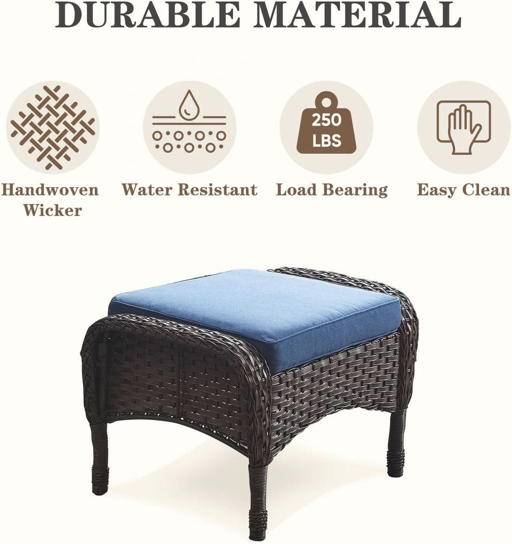 6 Piece Patio Conversation Set Brown Wicker Blue Cushions