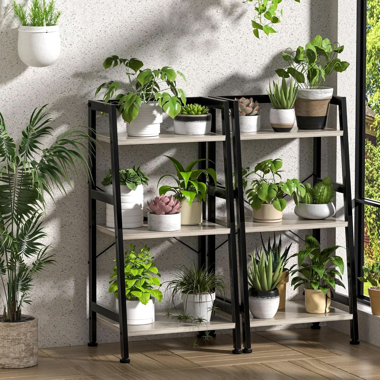 3-Tier Ladder Bookshelf With Steel Frame Greige Black