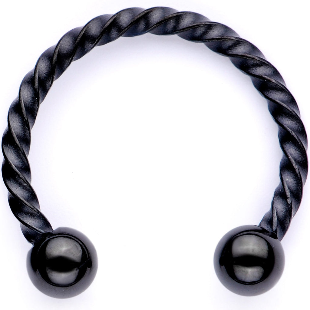 16G 3/8 White Faux Opal Black Anodized Twisted Horseshoe Closure Ring Set