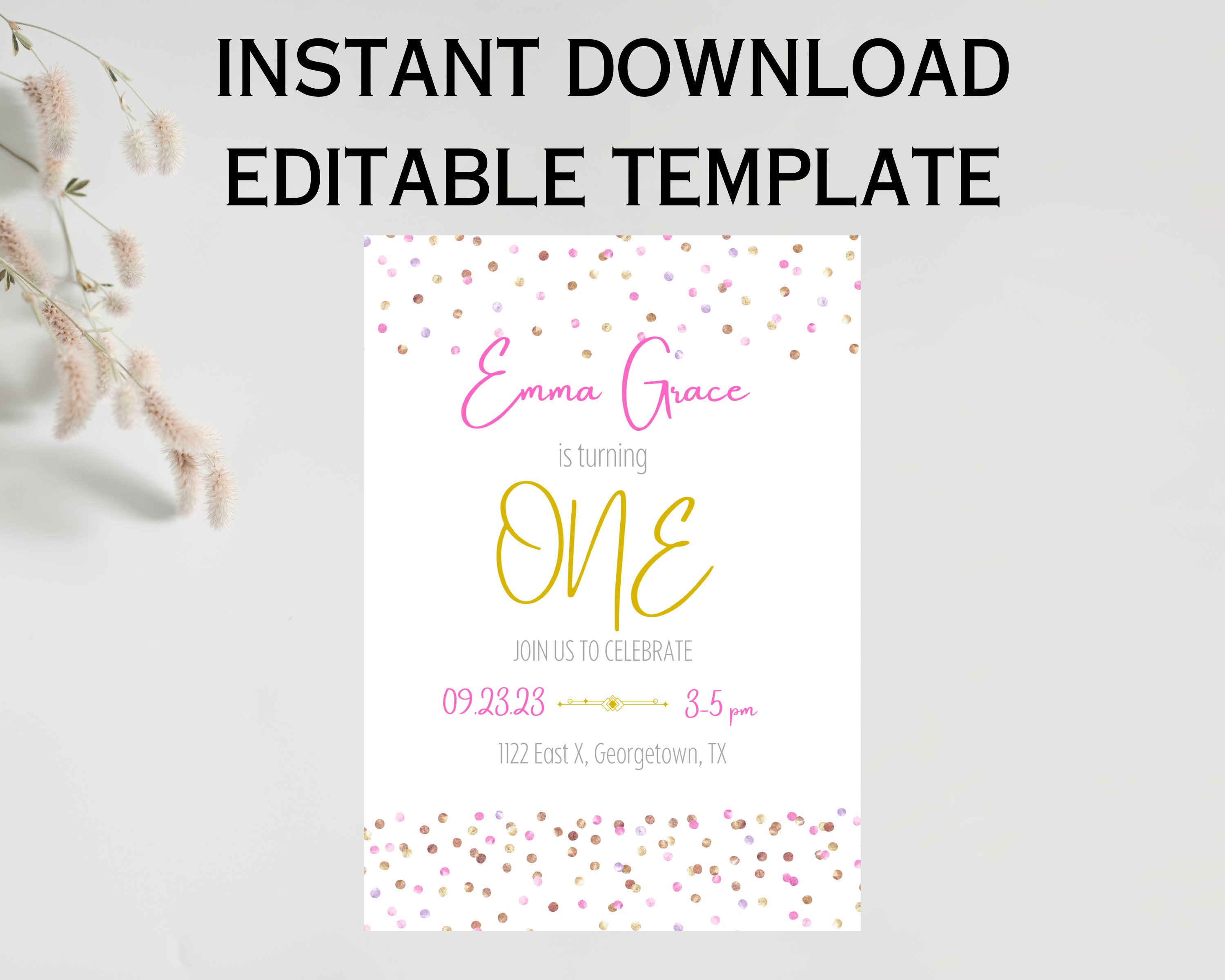 Pink & Gold Birthday Invitation editable digital download