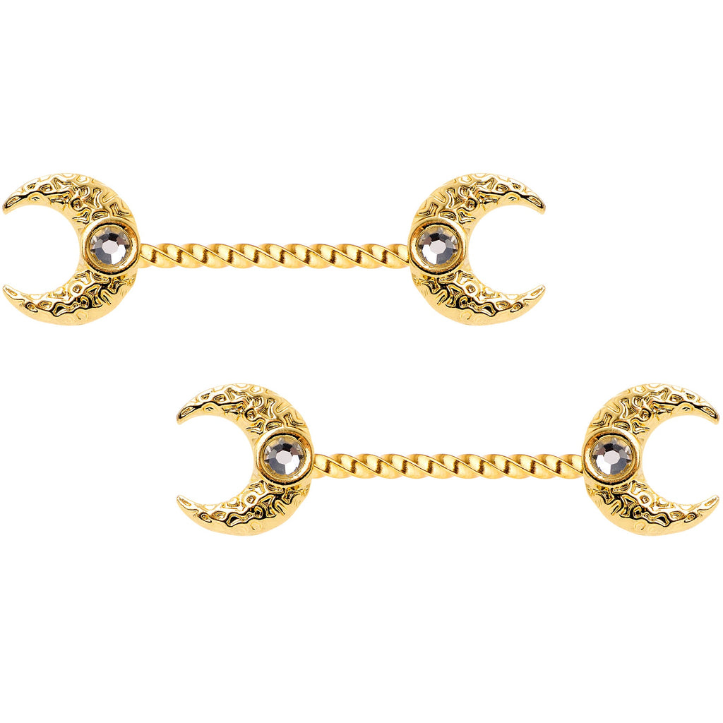 14G Clear Gem Gold Tone Witch Moon Barbell Nipple Ring Set