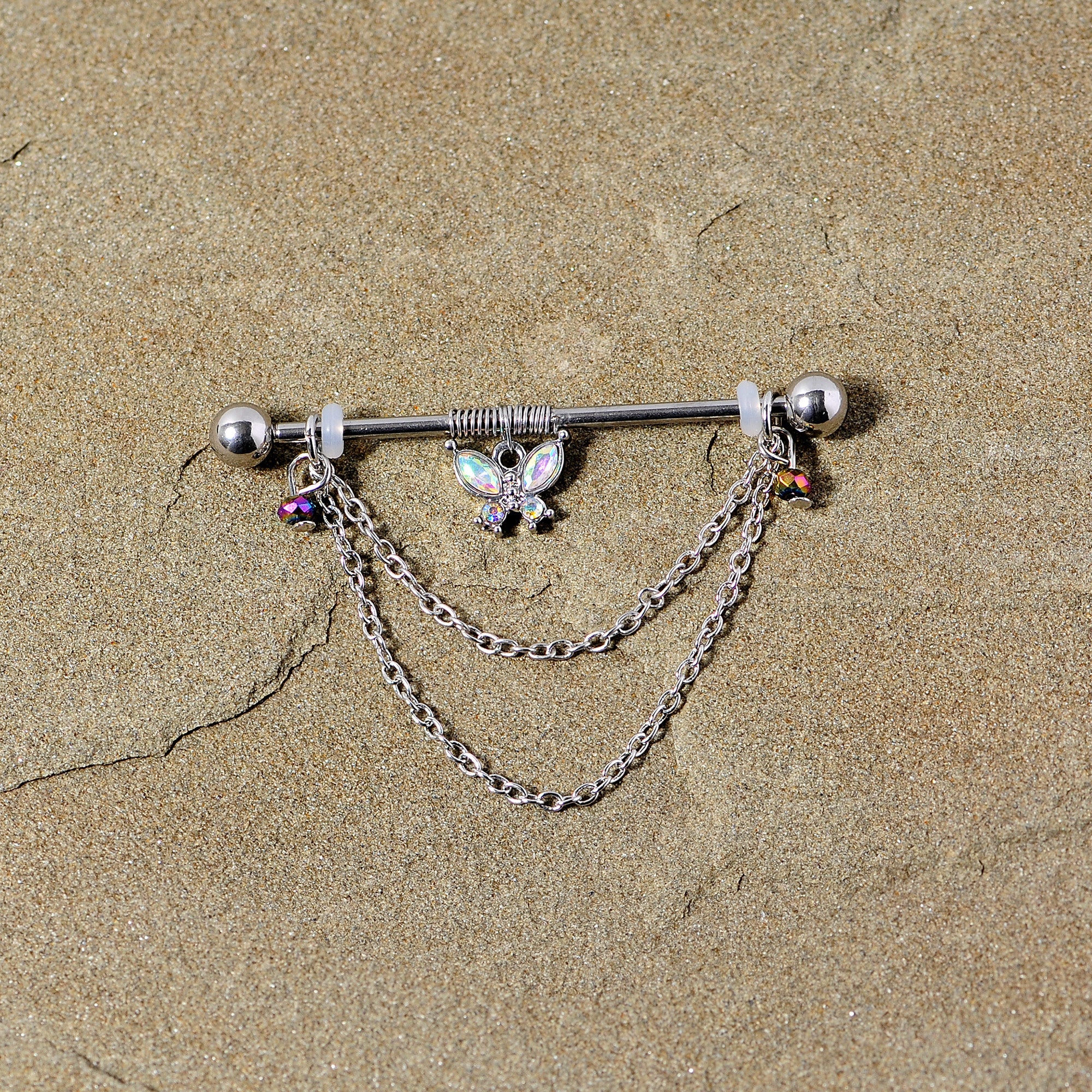 14G Aurora Gem Butterfly Chain Dangle Project Bar 38mm