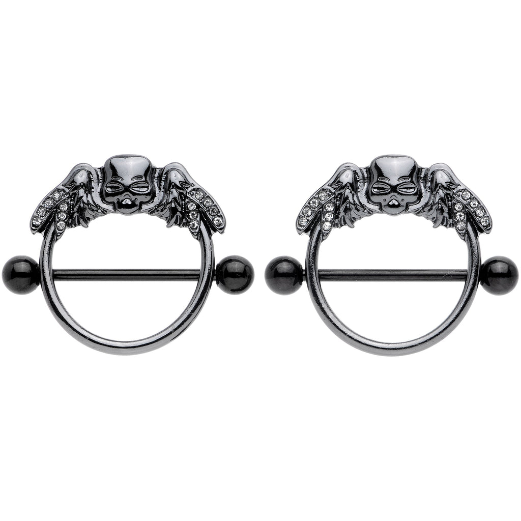 14G 7/8 Clear Gem Black Winged Skull Halloween Nipple Shield Set
