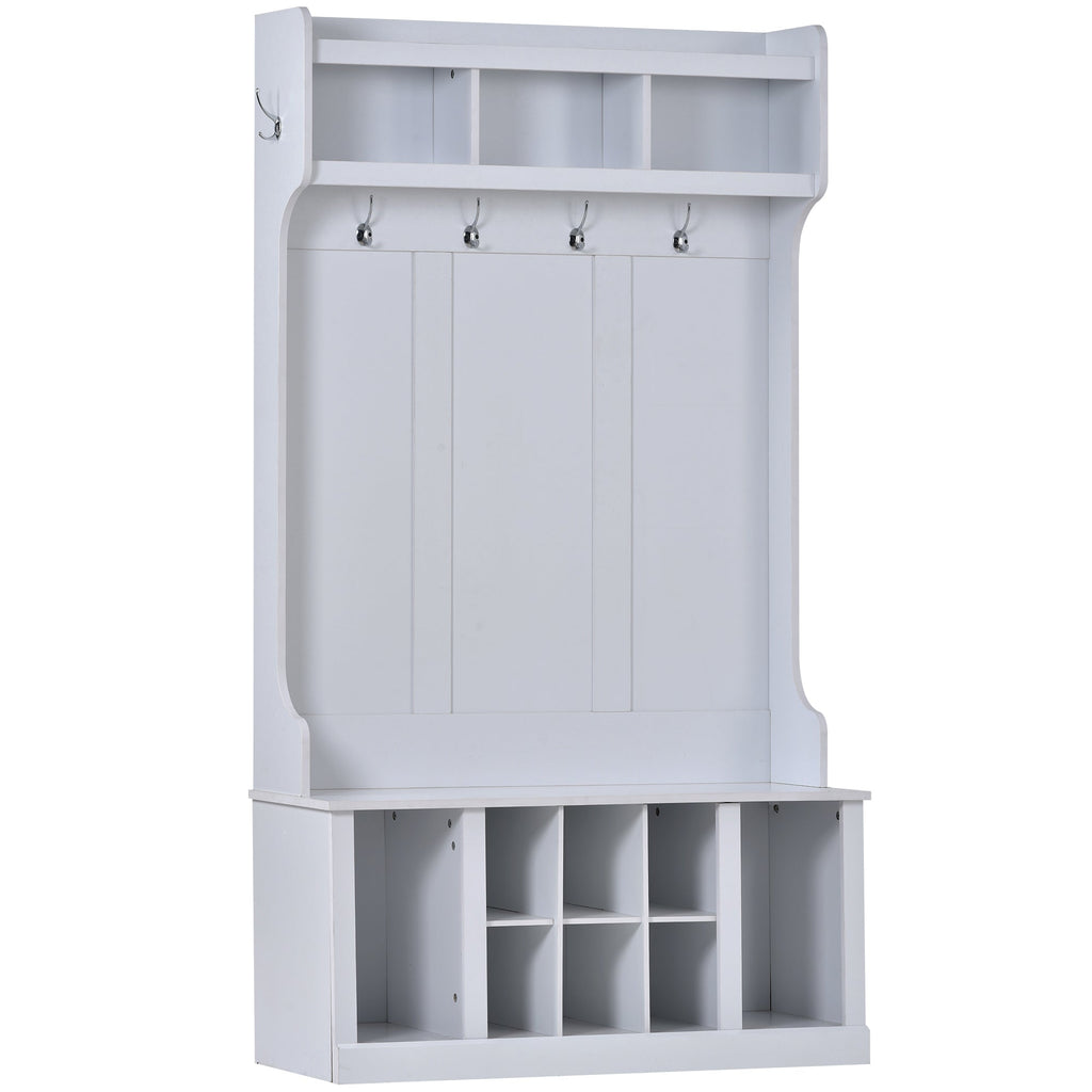 U-Can Hall Tree with 6 Hooks  Coat Hanger Entryway Bench Storage Bench (White)