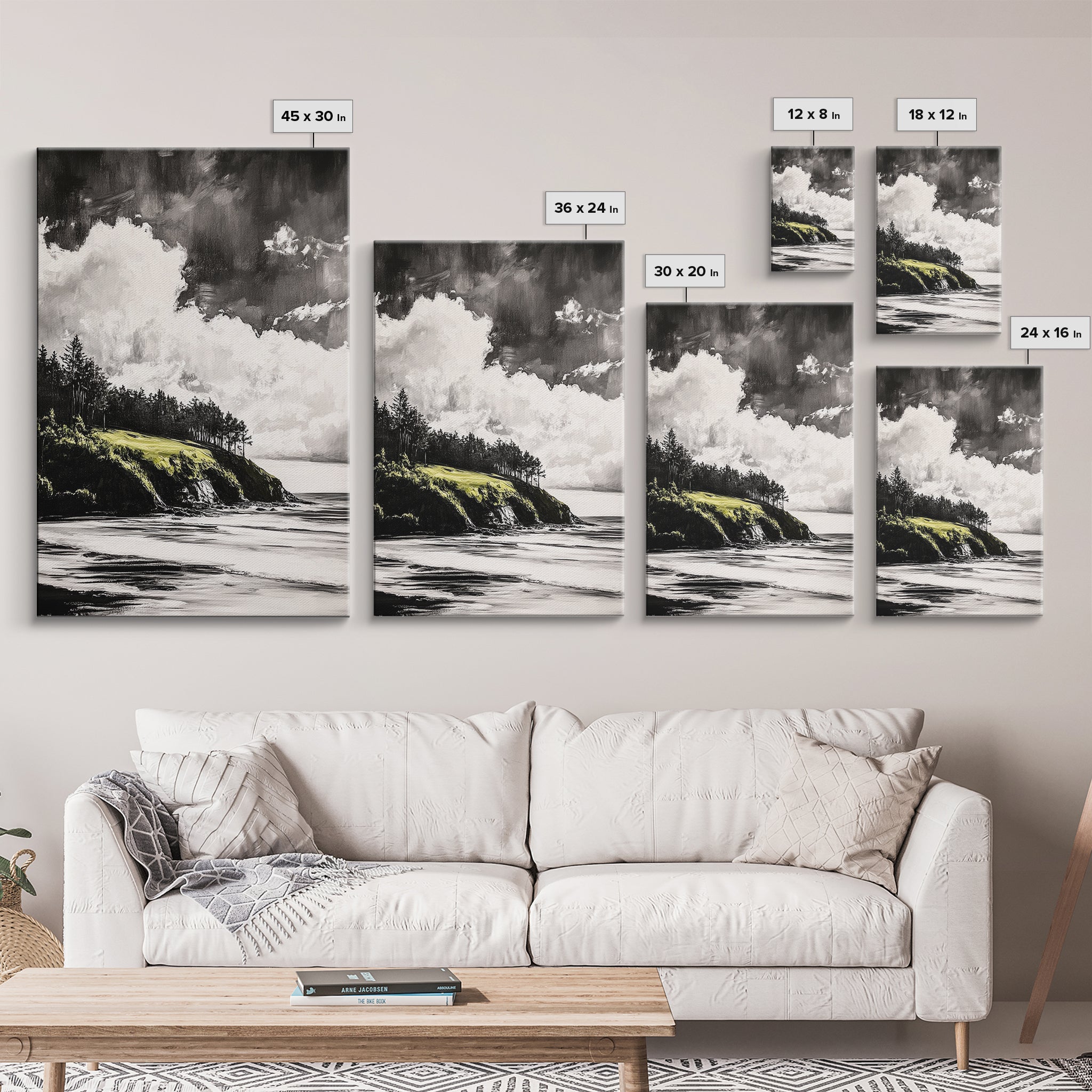 Coastal Cliffs, Black and White Landscape, Moody Sky Painting, Rustic Nature Wall Art, Office Decor, Framed Canvas Print