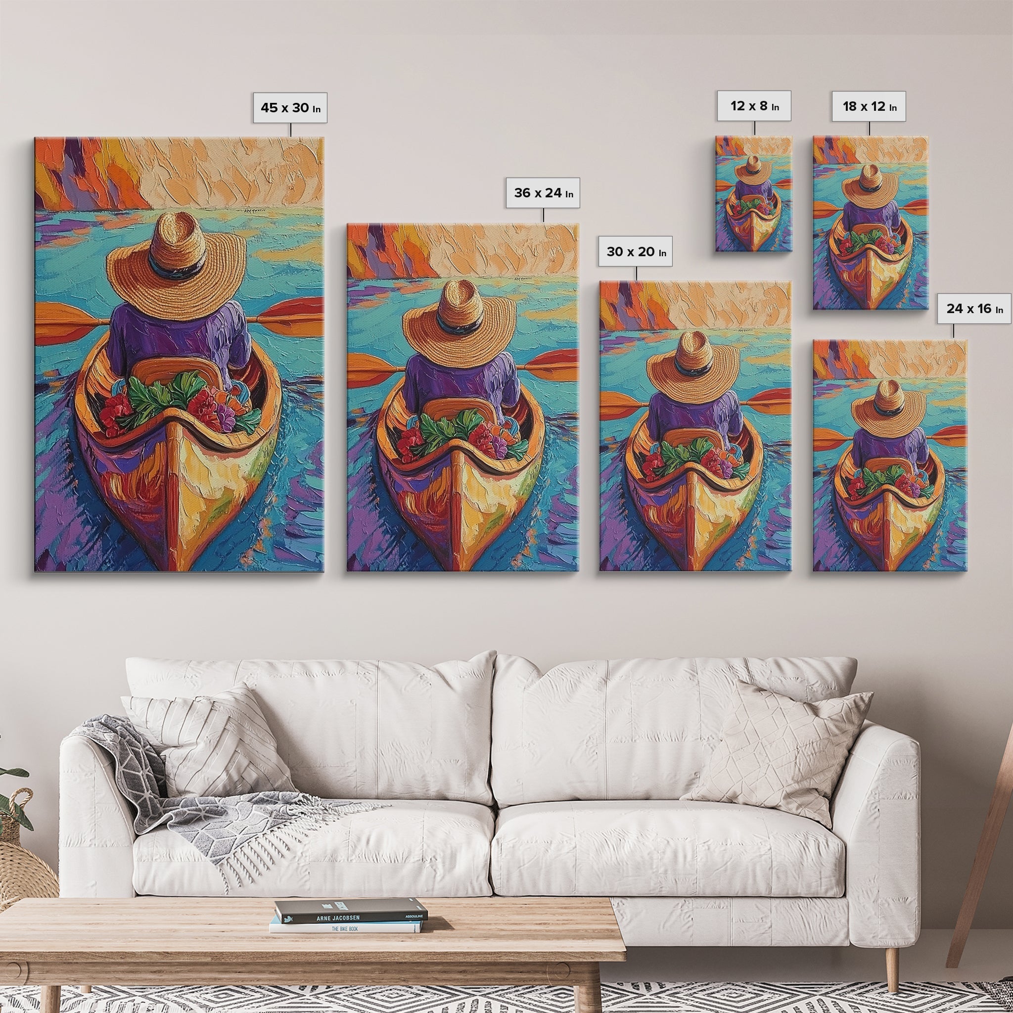 Hat River, Canoe, Bright Framed Canvas Print, Relaxing Boho Wall Art, Colorful Nature Lover Gift, Unique Summer Travel Vibes