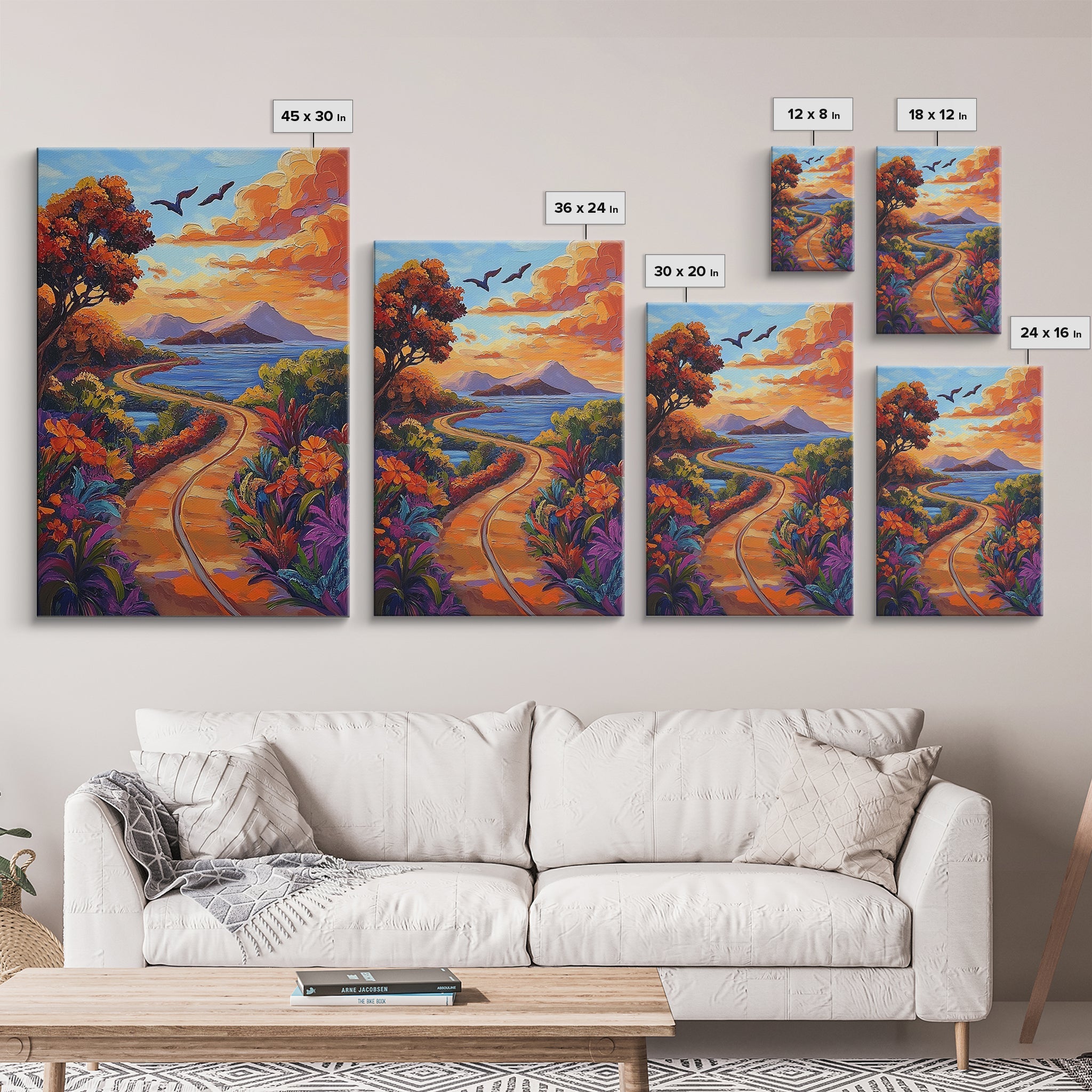 Road Sunset Coast, Tropical, Canvas Print vibrant scenic sunset path artwork, colorful landscape decor, Living Room Wall Art, fall art