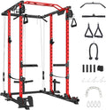 GaveeLife Power Cage, 2000 LBS Power Rack with Cable Cross-Over System, Multi-Functional Strength Training Squat Rack with LAT Pull Down System, Home Gym Equipment with Training Attachment, Red