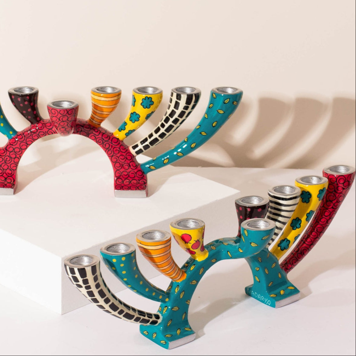 Hand-Painted Enamel Menorah & Candle Holders – Twist Series