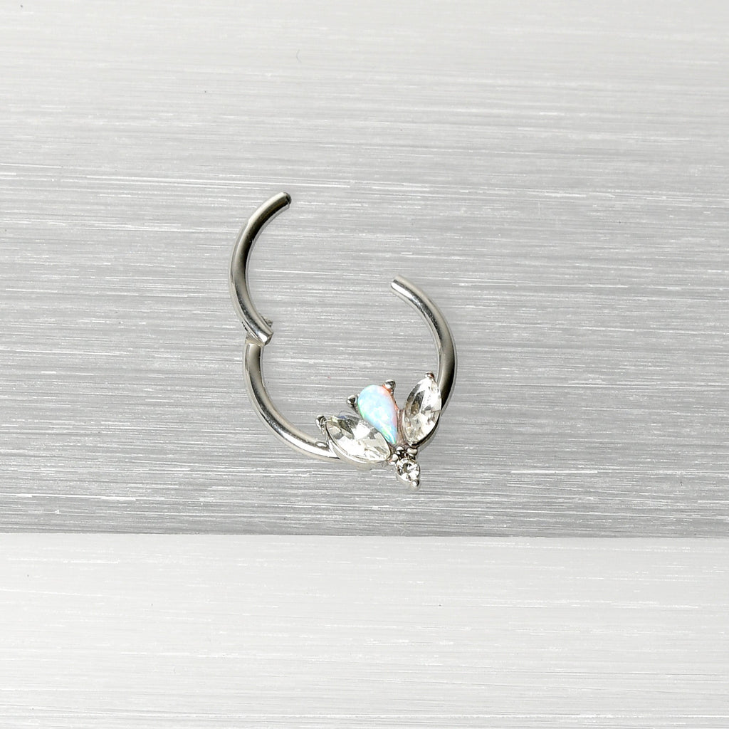 16G 3/8 White Faux Opal Style Flower Hinged Segment Ring
