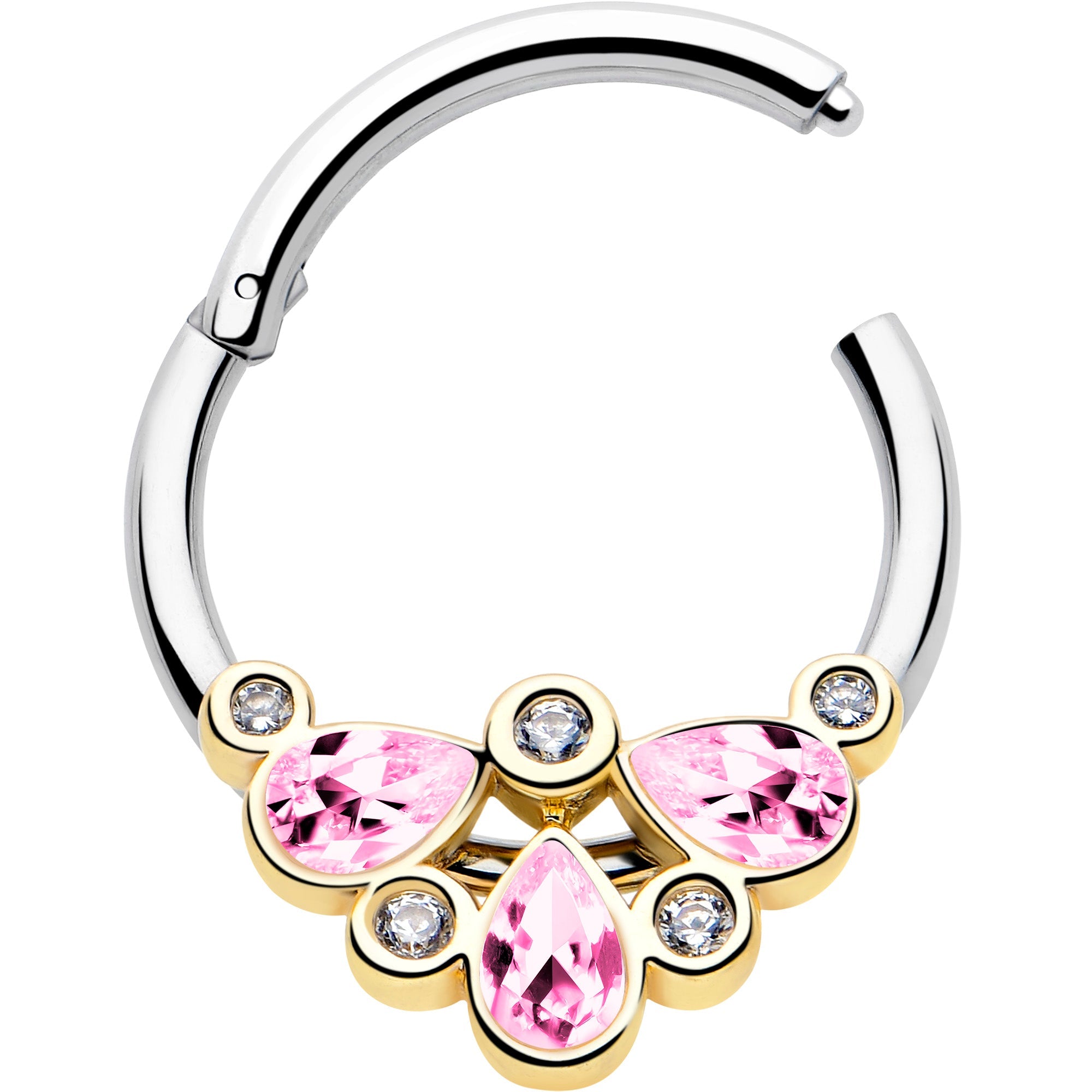 16G 3/8 Pink Gem Golden Crown Deluxe Hinged Segment Ring