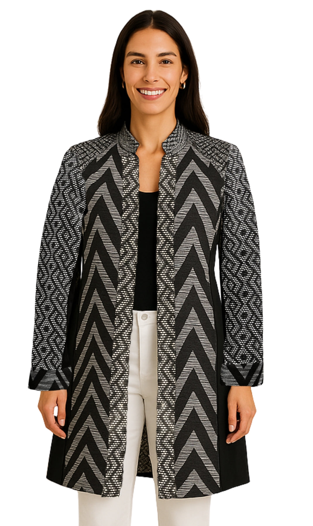 Women's Stand Collar Mixed Media Open Front Jacket