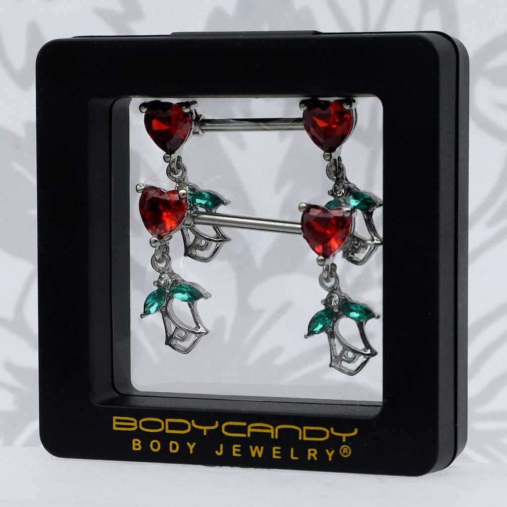 14G 9/16 Red CZ Gem Hearts And Roses Dangle Nipple Ring Set