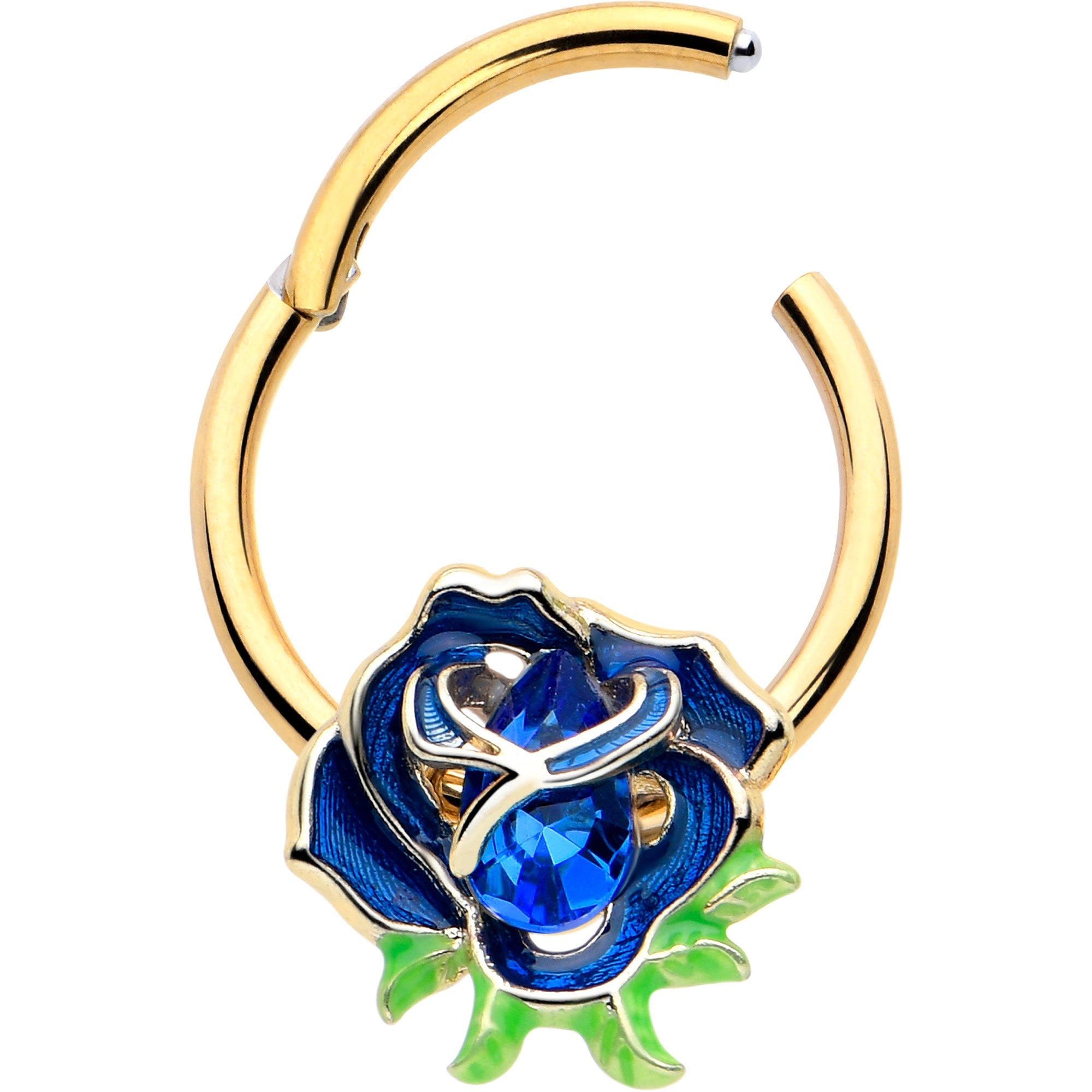 16G 3/8 Blue Gem Gold Tone Deep Blue Flower Hinged Segment Ring