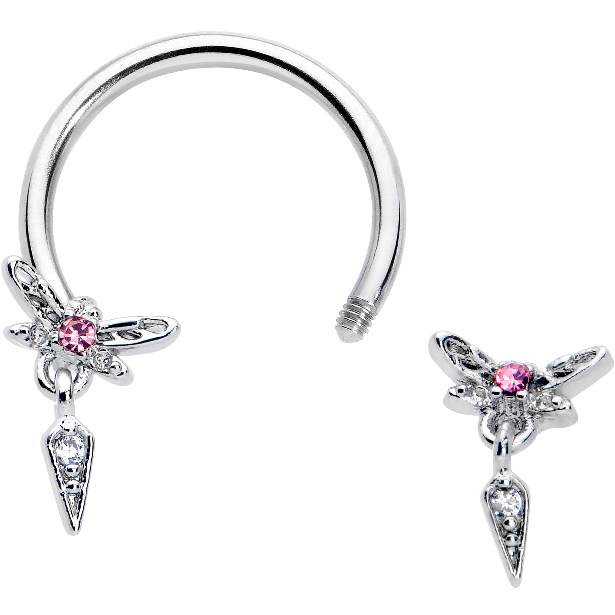 16G 3/8 Pink Gem Swank Dragonfly Dangle Horseshoe Circular Barbell