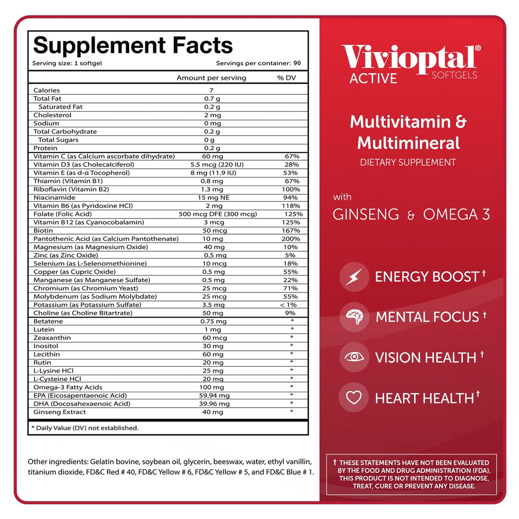 Vivioptal ACTIVE Multivitamin & Multimineral Supplement 90 Capsules