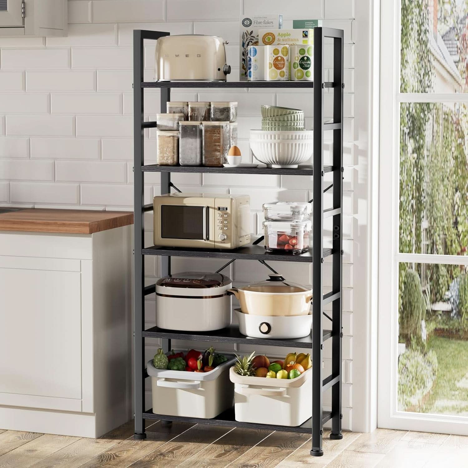 Black 5 Tier Bookcase Space Saving Tall Studio Home Office