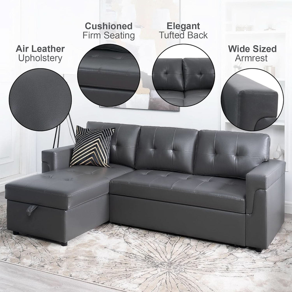 Sleeper Sectional Sofa With Convertible Bed In Dark Gray