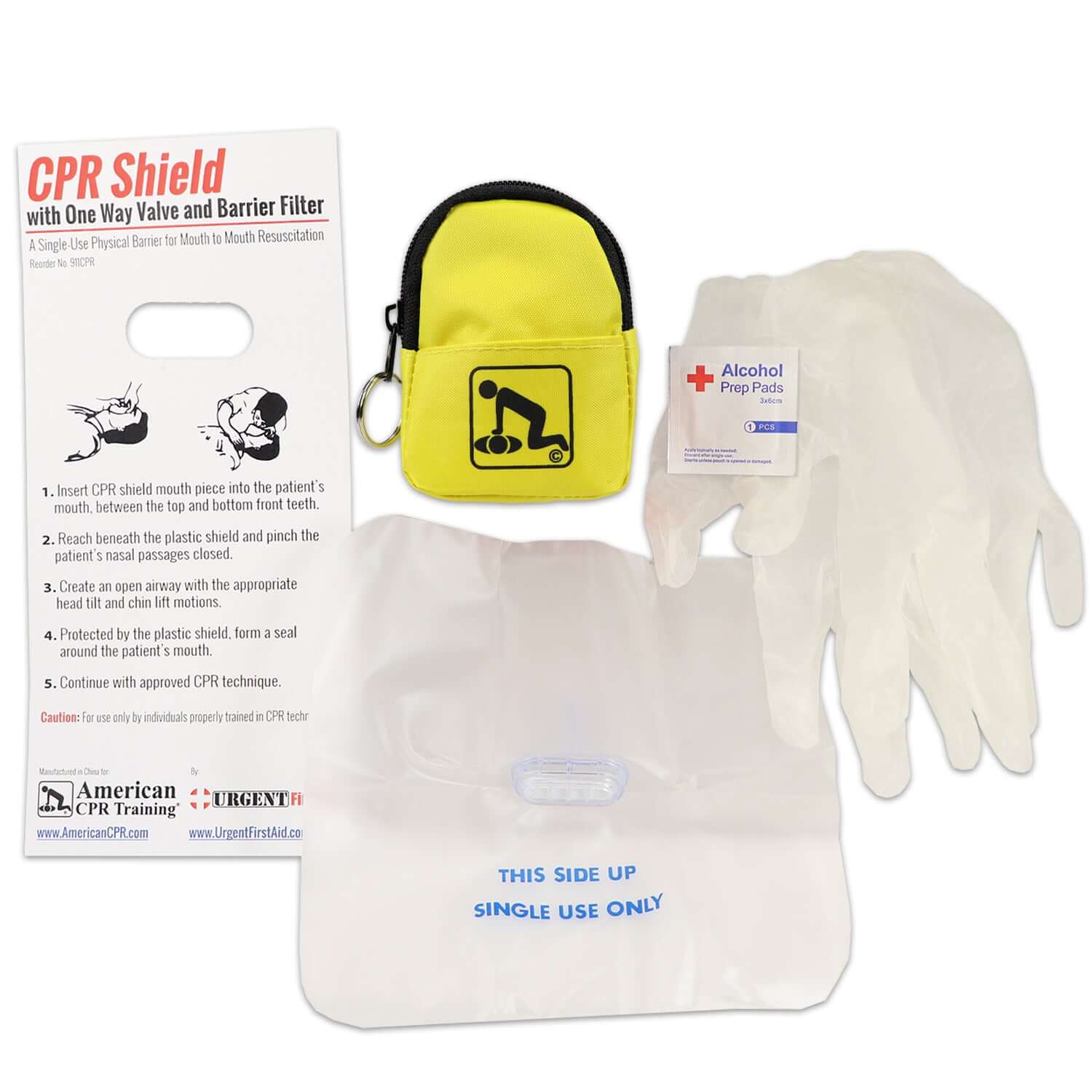 CPR Yellow Beltloop Keychain Backpack with Faceshield, Gloves, and Cleansing Wipes