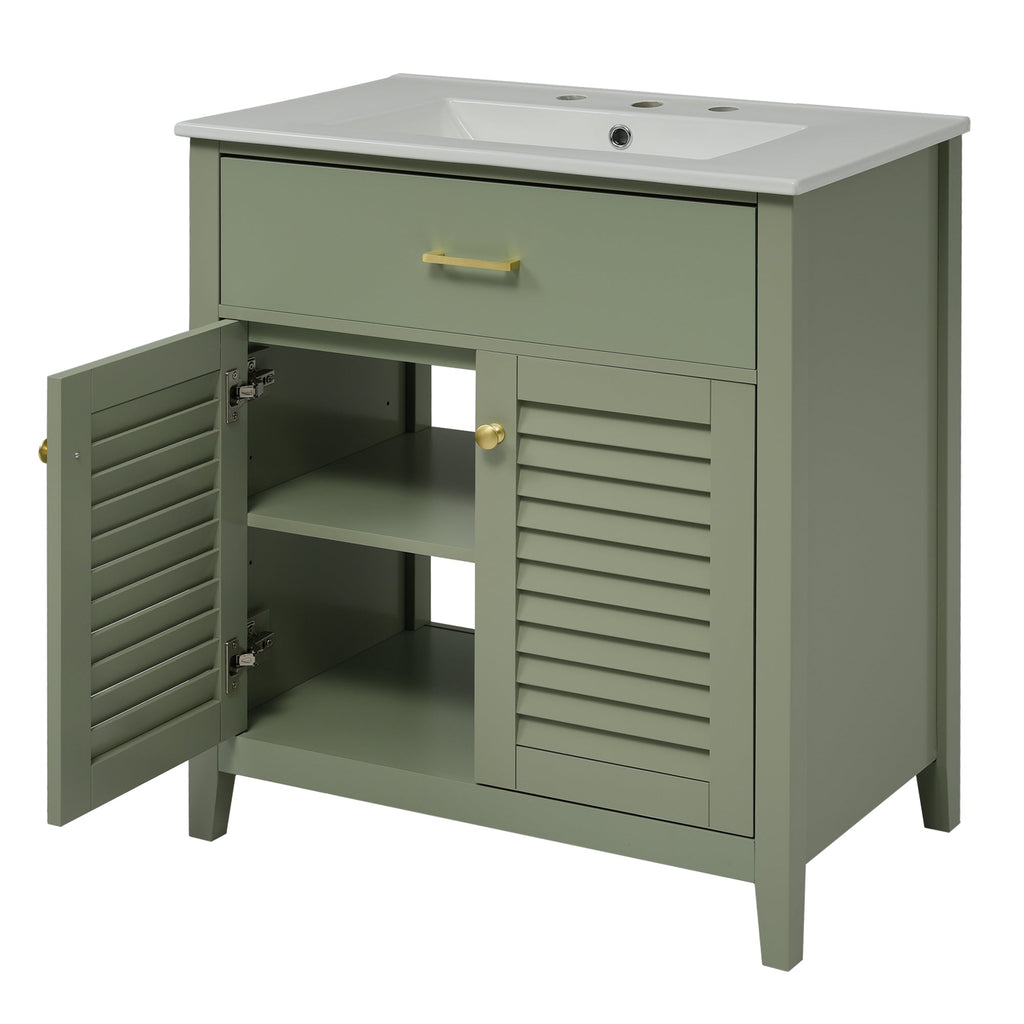 30-Inch Bathroom Vanity with Ceramic Sink Combination, Ample Storage - Features 1 Pullout and Multifunctional Shelf Dividers