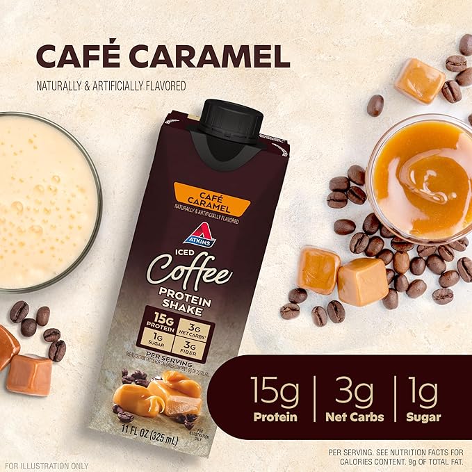 AtkinsCafé Caramel Iced Coffee Protein Shake, 15g Protein, Low Glycemic, 3g Net Carb, 1g Sugar, Keto Friendly (Pack of 2)