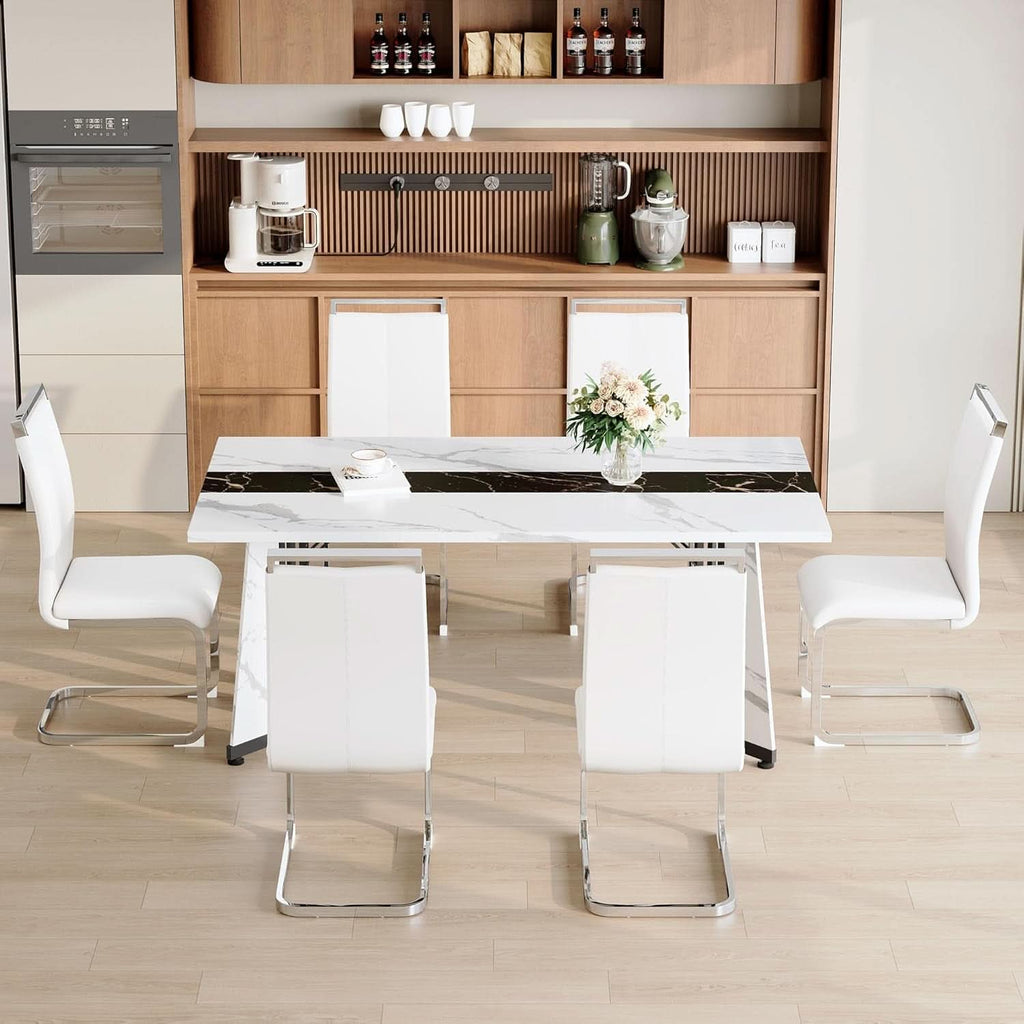 Dining Table Set For Six Seventy One Inch White Marble Top Leather Chairs