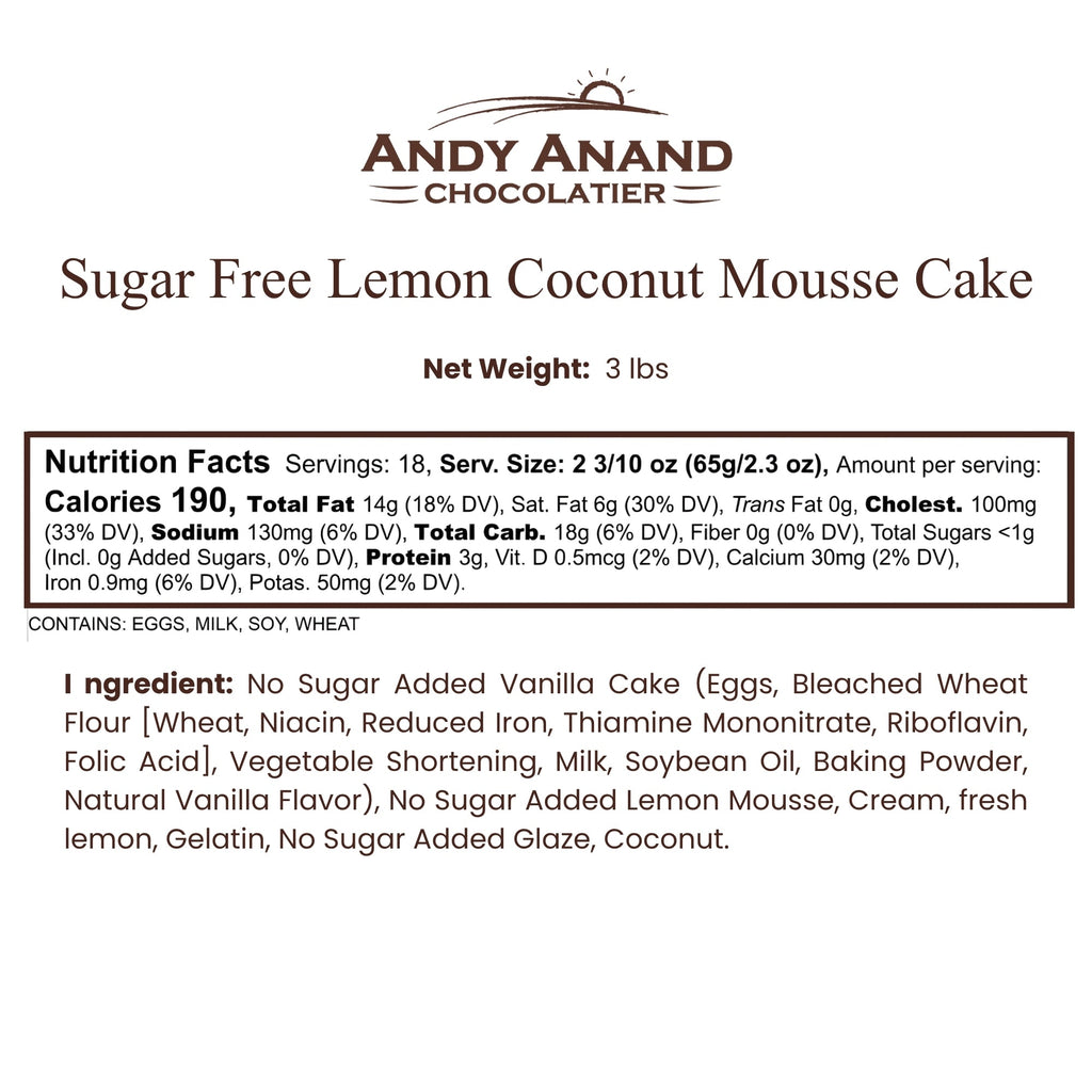 Andy Anand Sugar-Free Coconut Lemon Mousse Cake, 3 lb – Keto & Diabetic-Friendly, Freshly Baked, No Preservatives, Birthday Gift Box