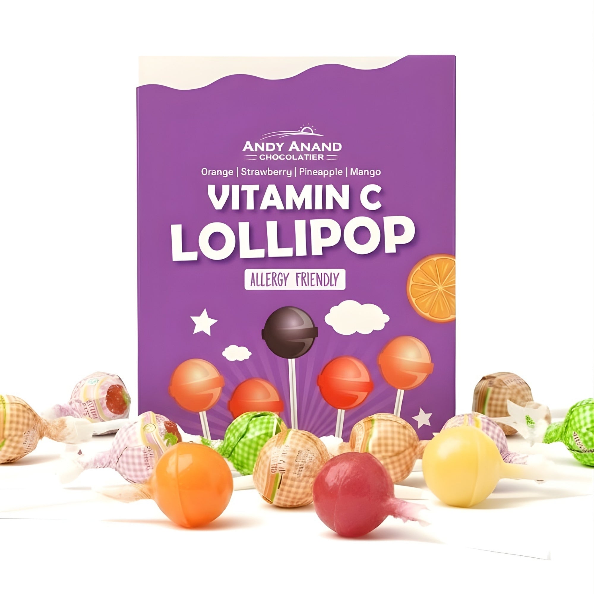 Andy Anand Sugar-Free Vitamin C Lollipops, 29 ct, 8.8 oz – Real Fruit Juice, Keto, Kids Immune Support, Birthday & Holiday Gift Box