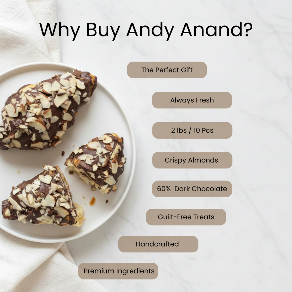 Andy Anand Sugar-Free Dark Chocolate Almond Croissant Cake, 10 pc, 2 lb – Keto & Diabetic-Friendly, Hand-Rolled, No Preservatives Gift Box