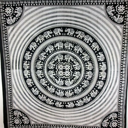 Black White Elephant Mandala Tapestry With Floral Center