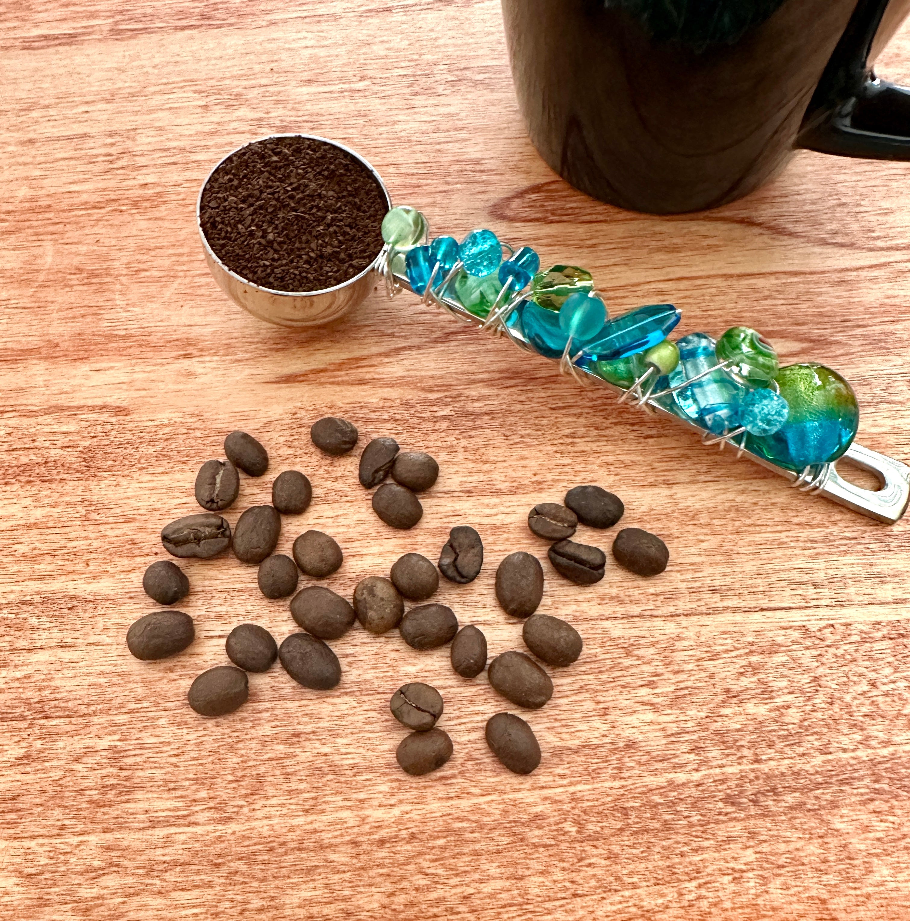 Beaded Wire Wrapped Coffee Scoop - Turquoise & Green