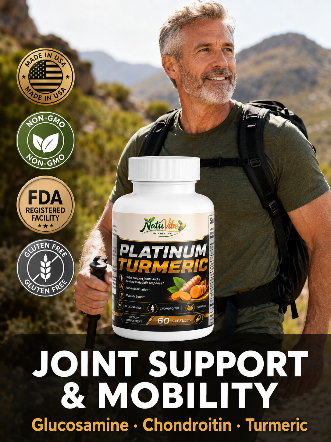 Platinum Turmeric™ – Glucosamine, Chondroitin & Turmeric | Joint Support, Anti-Inflammation & Mobility Boost | 60 Caps