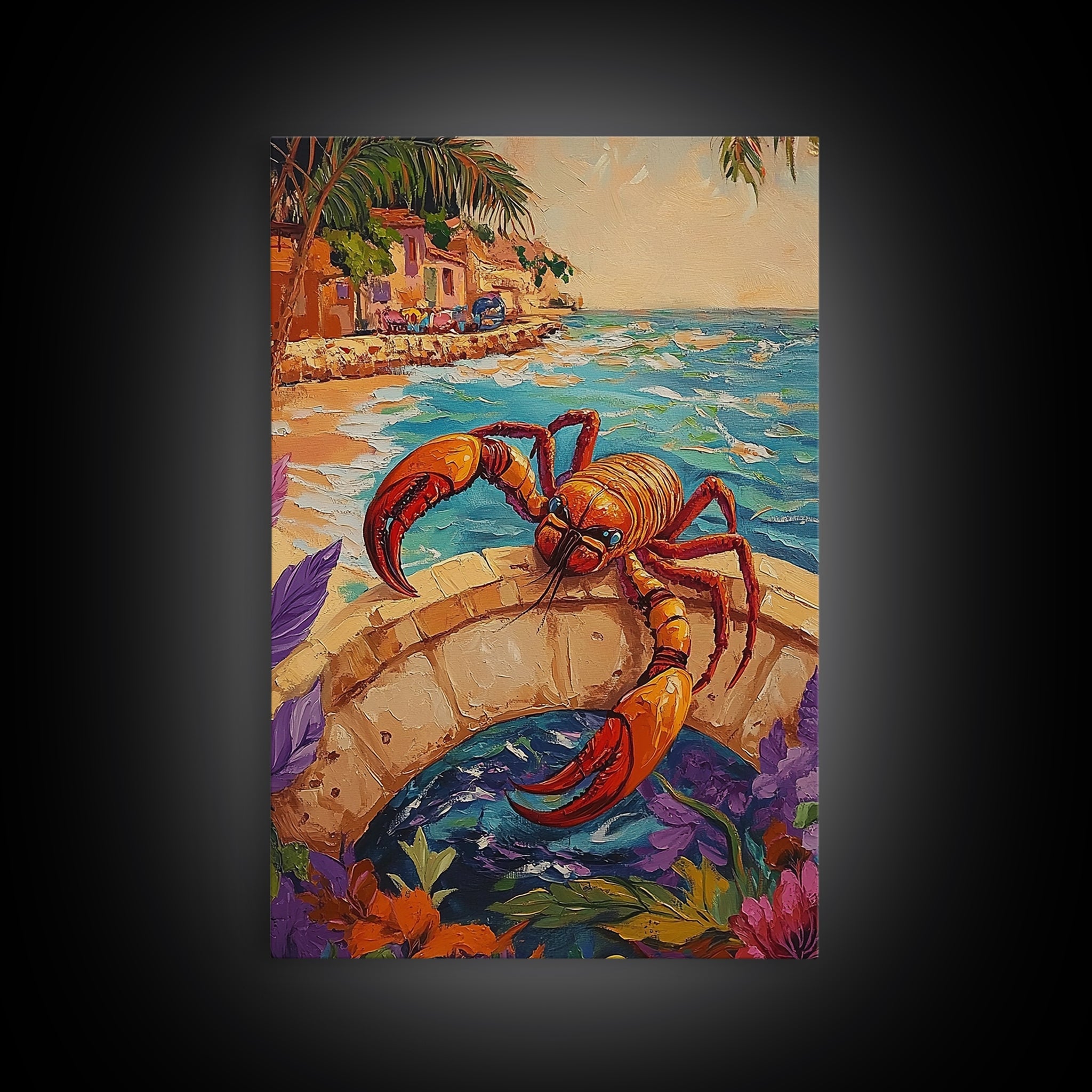 Lobster Art, Coastal Bridge, Tropical Scene, Nautical Style, Framed Canvas Print, lobster decor, beach cottage coastal art, bathroom print