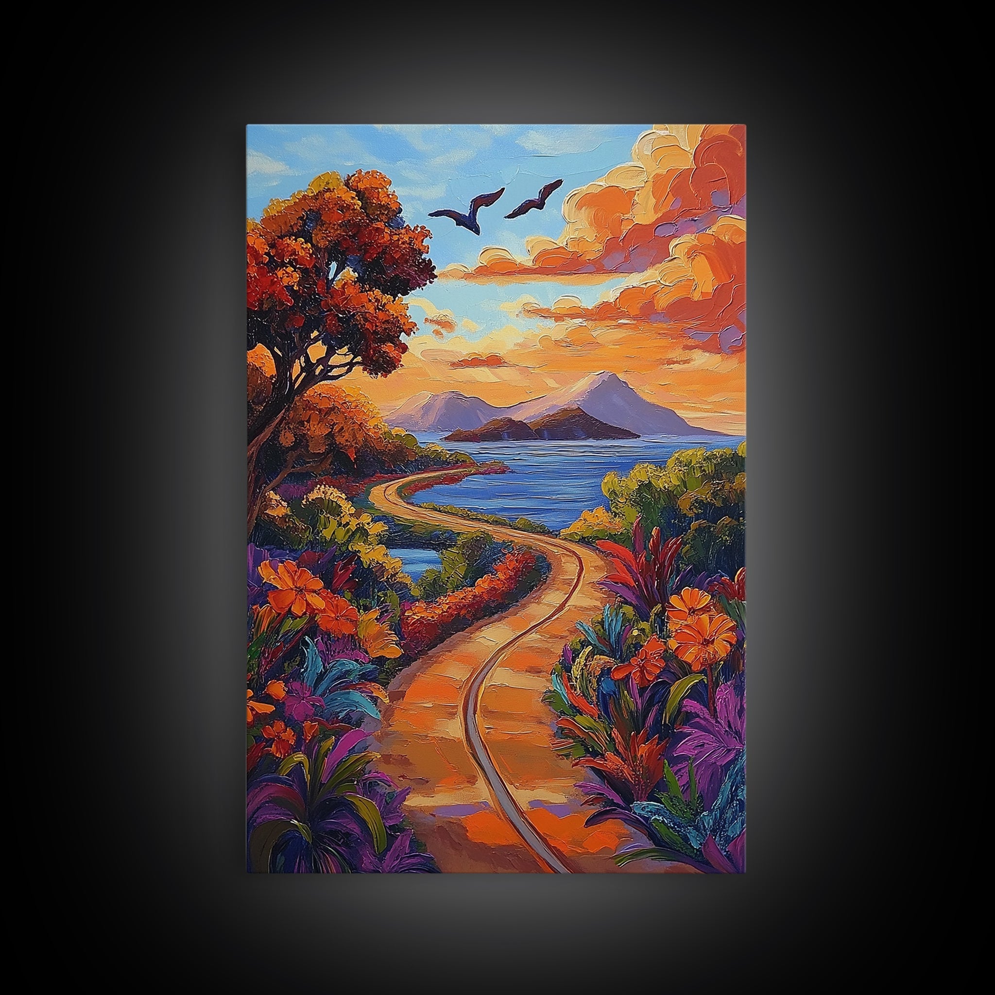 Road Sunset Coast, Tropical, Canvas Print vibrant scenic sunset path artwork, colorful landscape decor, Living Room Wall Art, fall art