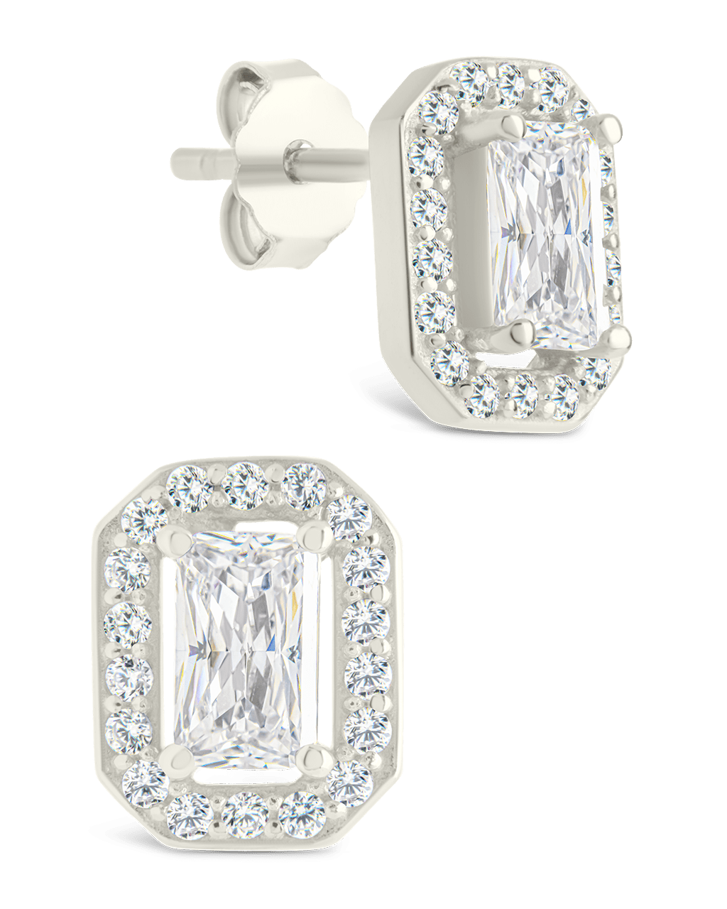Sterling Silver Emerald Cut Brilliant Halo Studs