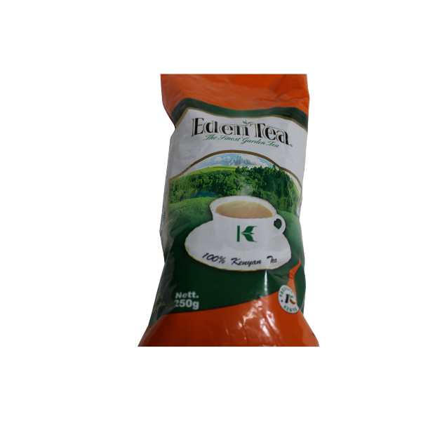 Eden Tea 500g front label 100 percent Kenyan tea with tea cup serving graphic
