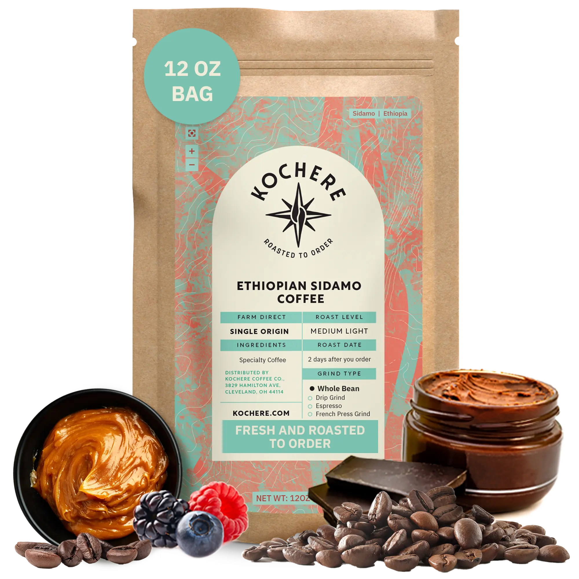 Kochere Coffee Ethiopian Sidamo Natural Medium-Light Roast - Milk Chocolate, Fruity Notes