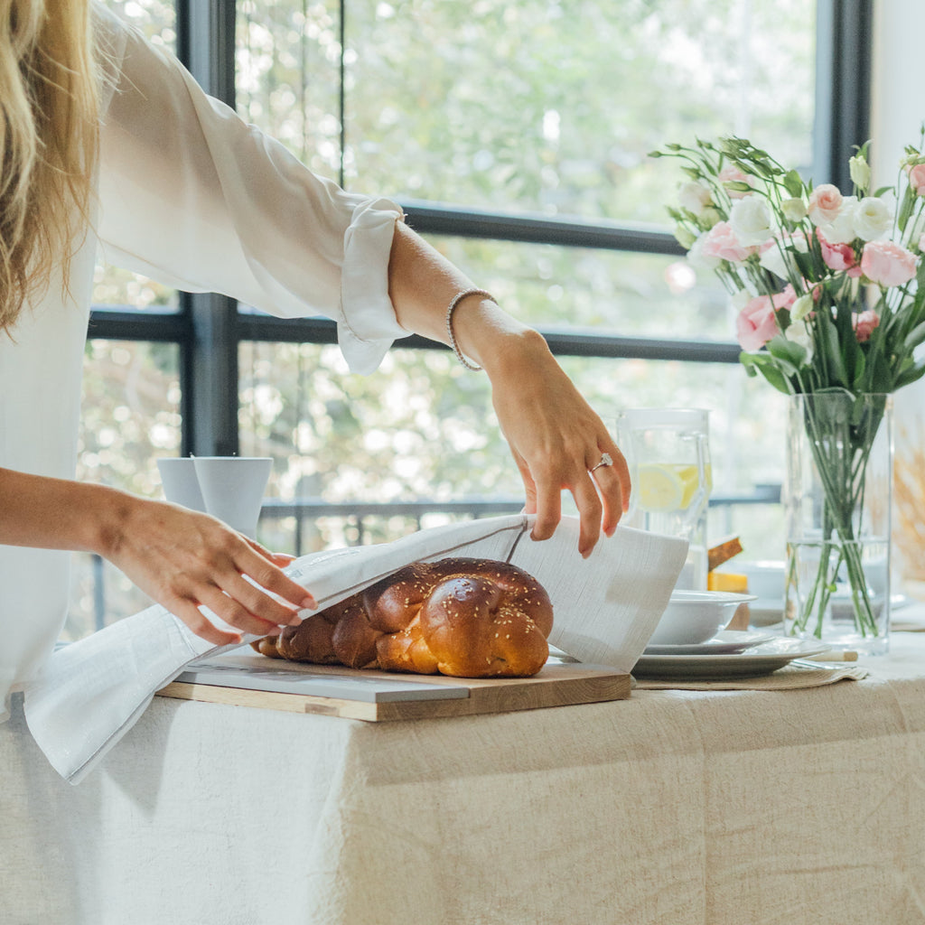Luxury White Linen Challah Cover – Nice Shabbat Series