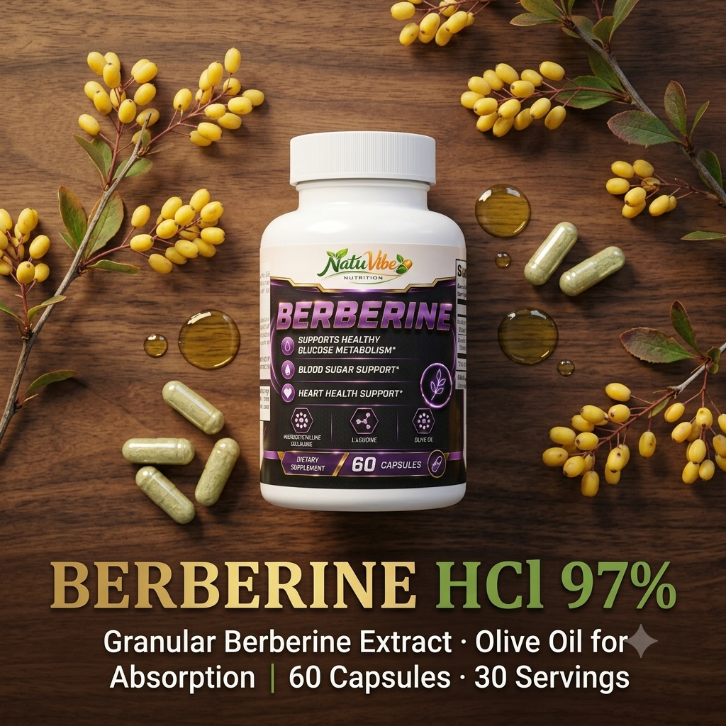 Berberine 97% Granular Berberine HCl Capsules – Blood Sugar & Metabolism Support, 60 Count
