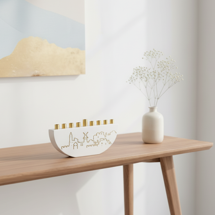 Chanukah menorah designed from real concrete - Jerusalem Outline L Series